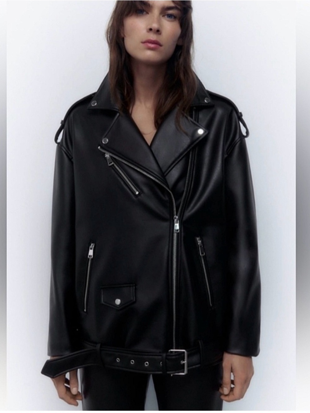 Zara Black Faux Leather Oversized Moto Jacket